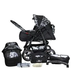 10tlg. Set: Kombi Kinderwagen "Rio" In Schwarz/Gemustert