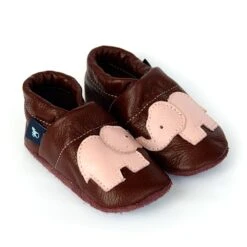 Krabbelschuhe / Lederpuschen Mit Elefant In Braun / Rosa