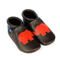 Krabbelschuhe / Lederpuschen Mit Elefant In Dunkelbraun / Rot