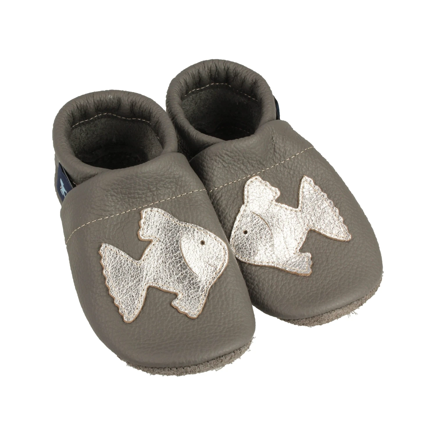 Krabbelschuhe / Lederpuschen Mit Fisch In Grau / Silber
