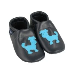 Krabbelschuhe / Lederpuschen Mit Hund In Blau / Hellblau