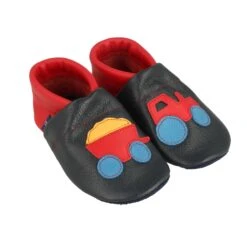 Krabbelschuhe / Lederpuschen Mit Traktor In Blau / Rot